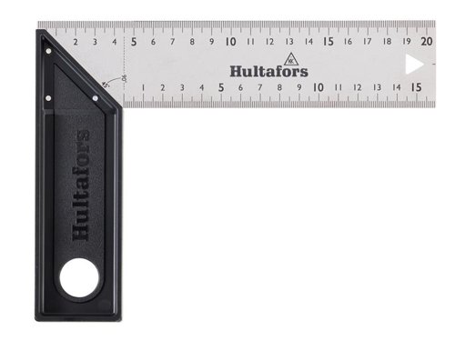 This Hultafors Square has been developed to be both light and durable. Ideal for anyone who often carries a square in their pocket. There is also a hole for attaching the tool to a safety lanyard or for wall hanging. Its precision cut blade and riveting have very small tolerances to provide high precision; angle tolerance ±0.06° (±1 mm/m). The millimeter graduations have been laser etched with very high contrast and abrasion resistance. The blade is 45mm wide to accommodate work with standard stud dimensions. Custom made riveting and a 1mm thick high-strength stainless steel blade increase durability, ideal for tough working environments.Made in Europe with full control over working conditions and sustainability.1 x Hultafors S20L Lightweight Square 20cm.