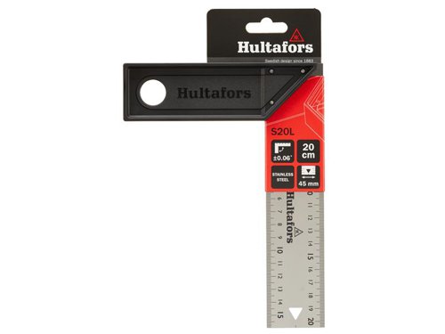 This Hultafors Square has been developed to be both light and durable. Ideal for anyone who often carries a square in their pocket. There is also a hole for attaching the tool to a safety lanyard or for wall hanging. Its precision cut blade and riveting have very small tolerances to provide high precision; angle tolerance ±0.06° (±1 mm/m). The millimeter graduations have been laser etched with very high contrast and abrasion resistance. The blade is 45mm wide to accommodate work with standard stud dimensions. Custom made riveting and a 1mm thick high-strength stainless steel blade increase durability, ideal for tough working environments.Made in Europe with full control over working conditions and sustainability.1 x Hultafors S20L Lightweight Square 20cm.