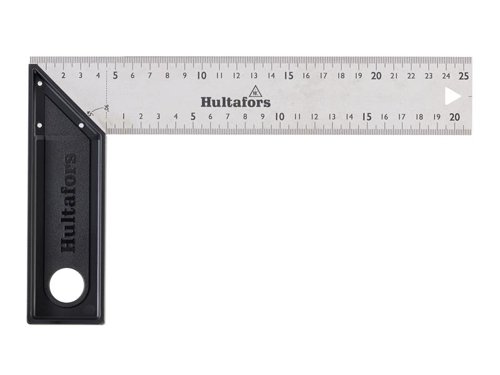 This Hultafors Square has been developed to be both light and durable. Ideal for anyone who often carries a square in their pocket. There is also a hole for attaching the tool to a safety lanyard or for wall hanging. Its precision cut blade and riveting have very small tolerances to provide high precision; angle tolerance ±0.06° (±1 mm/m). The millimeter graduations have been laser etched with very high contrast and abrasion resistance. The blade is 45mm wide to accommodate work with standard stud dimensions. Custom made riveting and a 1mm thick high-strength stainless steel blade increase durability, ideal for tough working environments.Made in Europe with full control over working conditions and sustainability.1 x Hultafors S25L Lightweight Square 25cm.