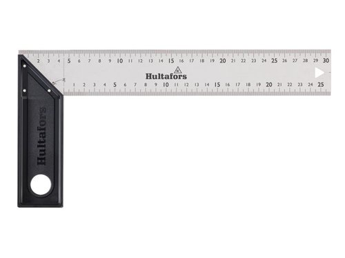 This Hultafors Square has been developed to be both light and durable. Ideal for anyone who often carries a square in their pocket. There is also a hole for attaching the tool to a safety lanyard or for wall hanging. Its precision cut blade and riveting have very small tolerances to provide high precision; angle tolerance ±0.06° (±1 mm/m). The millimeter graduations have been laser etched with very high contrast and abrasion resistance. The blade is 45mm wide to accommodate work with standard stud dimensions. Custom made riveting and a 1mm thick high-strength stainless steel blade increase durability, ideal for tough working environments.Made in Europe with full control over working conditions and sustainability.1 x Hultafors S30L Lightweight Square 30cm.