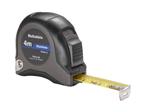 This Hultafors PRSS Short Tape has a polyester coated stainless-steel blade and a stainless-steel spring, and is made for work in wet environments.The tape is graduated using highly accurate inkjet printing to give you optimal contrast, and precision when measuring. It comes with a smooth blade return action and bump-stop with an anti-wear function protecting the blade and end-hook.The end-hook adjusts itself for internal measuring, while the casing is made from high impact ABS plastics, rubber-coated for a better grip and impact resistance.Type approved according to EU Class I.Hultafors Short Stainless Steel Tape PRSS 4m has a polyester coated stainless-steel blade and a stainless-steel spring, and is made for work in wet environments.The tape is graduated using highly accurate inkjet printing to give you optimal contrast, and precision when measuring. It comes with a smooth blade return action and bump-stop with an anti-wear function protecting the blade and end-hook.The end-hook adjusts itself for internal measuring, while the casing is made from high impact ABS plastics, rubber-coated for a better grip and impact resistance. It comes with a metal belt clip.Type approved according to EU Class I.Specifications: Blade Length: 4m. (Metric only).Blade Width: 19mm.