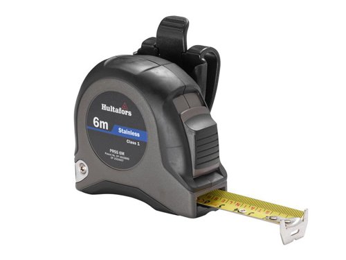 This Hultafors PRSS Short Tape has a polyester coated stainless-steel blade and a stainless-steel spring, and is made for work in wet environments.The tape is graduated using highly accurate inkjet printing to give you optimal contrast, and precision when measuring. It comes with a smooth blade return action and bump-stop with an anti-wear function protecting the blade and end-hook.The end-hook adjusts itself for internal measuring, while the casing is made from high impact ABS plastics, rubber-coated for a better grip and impact resistance.Type approved according to EU Class I.The Hultafors 350503 Short Stainless Steel Tape PRSS measures up to 6m with a detachable belt clip, 2m longer than the GRPHUL350403.The tape has a polyester coated stainless-steel blade and a stainless-steel spring, and is made for work in wet environments.The tape is graduated using highly accurate inkjet printing to give you optimal contrast, and precision when measuring. It comes with a smooth blade return action and bump-stop with an anti-wear function protecting the blade and end-hook.The end hook adjusts itself for internal measuring, while the casing is made from high impact ABS plastics, rubber-coated for a better grip and impact resistance.Its's quick-release function makes it easier to release the 25mm wide tape with one hand.The tape is metric only, and is type approved according to EU Class I.Specifications: Size: 25mm x 6m.
