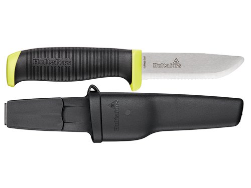 The Hultafors OKR GH Rescue Knife is fitted with a friction grip and serrated blade, made from 2.0mm stainless steel that has been hardened to 57-59 HRC. It has been optimised for cutting through hard or tough surfaces as well as ropes and strapping bands especially where tension to the material is applied.Its cutting edge has been sharpened in several stages, 60mm of the blade is serrated to increase cutting power and the tip is blunt to minimise sharps injuries. The handle is made from super-durable PP plastic and fitted with a Santoprene friction grip.Supplied with a holster that can be attached around a button on your work clothes so that it does not come loose whilst still being easy to remove.This Hultafors OKR GH Rescue Knife is supplied loose.