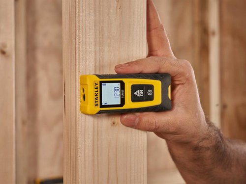 The STANLEY® SLM65 Laser Distance Measure is suitable for a wide range of professional measuring applications. Easy-to-use, thanks to its two-button operation: one to activate the device and take measurements, and a cog button to select different functions. Equipped with a generously-sized screen that displays two rows of measurements. Black characters on a white background make it easy to read measurements, even in bright conditions. The two-point system facilitates measurements from either the top or base of the unit, providing accuracy and flexibility in a multitude of measuring scenarios. Robust, reliable and durable, it has been subjected to a 1M impact drop test to ensure it withstands knocks and bumps, so every professional feels confident using it around the work site. A power saving mode will protect battery life by automatically turning off the laser after 120 seconds and the screen after 180 seconds.Specification:Functions: distance, continuous measurement, area, volumeAccuracy: ± 3mmOperating Range: 20mProtection Rating: IP40Power: 2 x AAA batteries (supplied)