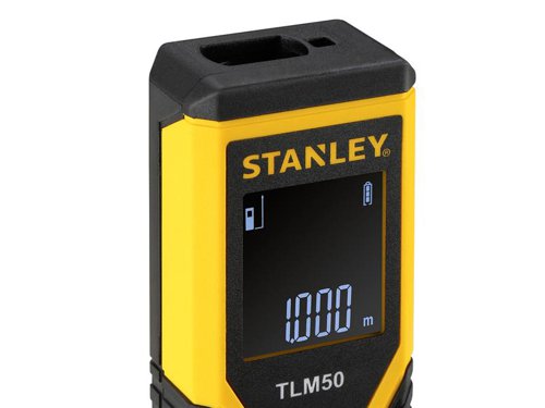 The STANLEY® TLM 50 Laser Measure can measure length with a single button, simple to use, both for taking simple measurements and for continuous measures. It has a compact, lightweight design with an ergonomic rubber casing. Its back lit display clearly shows measurements, even in dark areas. Also has an auto power off that saves battery power.Specification:Accuracy: ± 3mmOperating Range: 15mPower: 2 x AAA batteries (supplied)