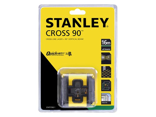 The Stanley Intelli Tools Cross90™ Green Beam Laser is self-levelling and projects a 100° vertical beam, horizontal beam and an additional 90° vertical beam. The 90° beam is ideal for tile or flooring installation or to lay out partition walls with ease. The green beams allow for enhanced visibility while working.The body is fitted with overmould housing and rubber bumpers on all corners for protection against knocks. Easy-to-use, fitted with a touch pad control panel and a 3-position lock switch with manual mode. It is IP50 rated, making it ideal for indoor DIY and residential construction jobs.Supplied with: 2 x AA alkaline batteries, 1 x QuickLink™ Bracket and 1 x Storage Pouch.Specification:Level Accuracy: ±0.5mm/mWorking Range: 16mPower: 2 x AA batteries (supplied)Thread: 1/4inWeight: 0.6kg