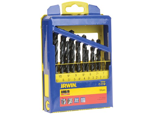 This Irwin?½ 10502500 HSS Pro is an industrial quality 19-piece twist Drill Bit Set with outstanding performance and long service life. They are designed for drilling steel and steel castings, alloyed and non-alloyed steel, cast iron, non-ferrous metals, plastics, and other materials.The 118?? split point shape provides an optimum centering when starting and a faster drilling rate. There is no need to pre-punch or use a pilot drill they penetrate quickly and require little effort or feed pressure. The bits are highly accurate, and are made from high-performance high-speed steel.Set of 19 HSS Pro Drill Bits: 1, 1.5, 2, 2.5, 3, 3.5, 4, 4.5, 5, 5.5, 6, 6.5, 7, 7.5, 8, 8.5, 9. 9.5 and 10mm.Supplied in a metal case. 