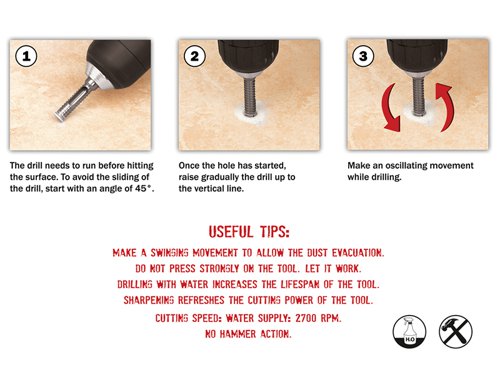 The Irwin Diamond tipped drill bits are suitable for fast smooth cutting in all grades of hard and soft tiles. Their raised diamond grit edge makes for easy starting in hard tile without the need for a guide. The diamond grit is tough brazed diamond which ensures fast cutting and long life. The drill bit’s reverse spiral forces water towards its cutting head, keeping the diamonds cool to increase cutting speed and prolong life. Drilling with water will further increase the lifespan of the tool. The auto slug ejection slot allows the bits to be used for continuous, uninterrupted cutting.The IRW10507892 Diamond Drill Bit is 5mm in diameter.