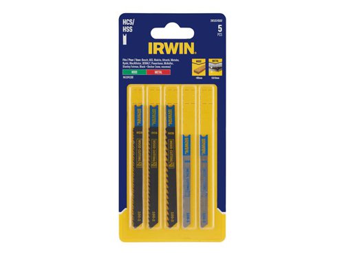 This 5 Piece IRWIN Jigsaw Assorted Blade Set contains the following:3 x Wood Cutting Baldes 100mm.2 x Metal Cutting Baldes 92mm.