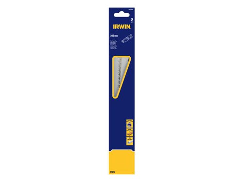 The IRWIN?½ Coarse Wood Cutting Sabre Saw Blades come with aggressive teeth for fast sawing. Superior construction and design makes them faster cutting and longer lasting. Labelling on the blade makes it easy to identify the right blade for the right application.Pack of 2 IRWIN?½ Sabre Saw Blades Coarse Wood Cutting 305mm. Suitable for sawing wood, plywood and plastic up to a thickness of 250mm.
