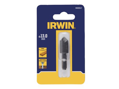 The IRWIN® Hex Countersink drills, countersinks and counter bores in one step. Its 4-cutter countersink and tapered drill bit provide superior speed and ideal finish. Ideal for both soft and hard woods.1 x IRWIN® Hex Countersink 13mm.