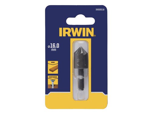 The IRWIN® Hex Countersink drills, countersinks and counter bores in one step. Its 4-cutter countersink and tapered drill bit provide superior speed and ideal finish. Ideal for both soft and hard woods.1 x IRWIN® Hex Countersink 16mm.