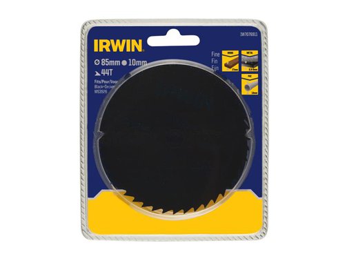 The IRWIN General Purpose Saw Blade is made with construction grade tungsten carbide tips to retain their edge for longer and are resharpenable. Expansion slots help to dissipate heat and prevent warping. The blades have a fully hardened plate which runs truer for longer and with more accuracy.They have an alternate top bevel (ATB) tooth grind for cross-cutting and ripping in all woods. Coated with a corrosion-resistant coating for increased, high quality performance.This Irwin General Purpose Saw Blade has the following specifications:Blade Diameter: 85mm.Bore: 10mm.Teeth: 44.Tooth Config: ATB.Machine: Corded Saw.