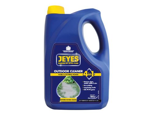 Jeyes 4-in-1 Patio Decking Power is a specialist cleaner that leaves patios and decking spotless for longer. Its unique formula provides 4 benefits:- Restores colour by removing algae, mildew, mould and dirt on paths, patios, decking, fencing brick and block.- Cleans, it has a foam lifting action, so no scrubbing required.- Maintains surfaces by preventing algae regrowth with long lasting results. - Disinfects, kills 99.9% of bacteria and viruses, including coronavirus SARS-COV-2.