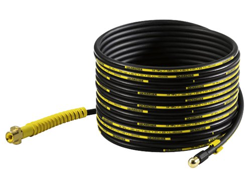 This Karcher Pipe Drain Cleaning Kit is used for clearing blockages in pipes, drains, downpipes, and toilets. Four backward firing jets move the hose smoothly through the pipe to effectively clear the blockage. Its continuous marking, and marking ring, show progress in the pipe.It has 15m of flexible quality textile braided hose with an extra short brass nozzle for easy movement in the pipe. It also has an anti-kink sleeve, and brass connector for durability, all with an easy to use bayonet connection.Suitable for use in the home, and outdoors with all Karcher K2 – K7 series domestic pressure washers.Specifications:Hose Length: 15m. Weight: 1.30kg.