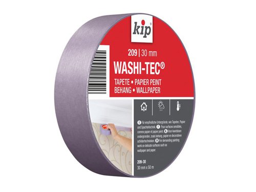 kip® 209 Premium Low Tack WASHI-TEC® Masking Tape has been designed for delicate surfaces. This flexible masking tape made from WASHI-TEC® paper with low tack acrylic adhesive. It allows extremely easy removal from delicate surfaces.Suitable for demanding paint work on delicate surfaces such as wallpaper, paper and plaster.Can be applied up to 2 months before use. For best results, remove tape immediately after painting.Width: 30mmLength: 50m