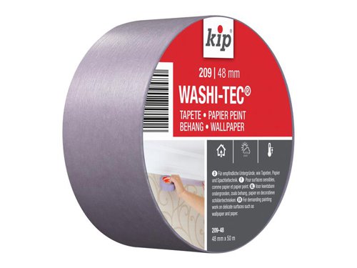 kip® 209 Premium Low Tack WASHI-TEC® Masking Tape has been designed for delicate surfaces. This flexible masking tape made from WASHI-TEC® paper with low tack acrylic adhesive. It allows extremely easy removal from delicate surfaces.Suitable for demanding paint work on delicate surfaces such as wallpaper, paper and plaster.Can be applied up to 2 months before use. For best results, remove tape immediately after painting.Width: 48mmLength: 50m