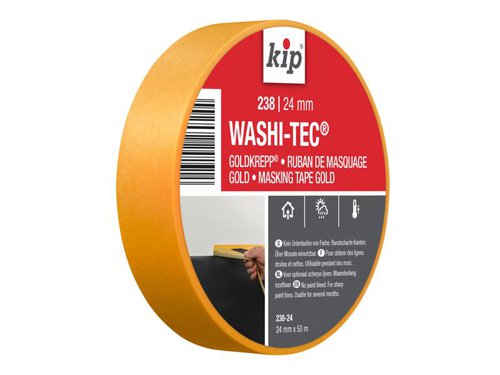 kip® 238 Premium WASHI-TEC® Masking Tape helps to produce sharp paint lines on smooth and lightly textured surfaces. Suitable for almost all types of covering work. This thin and flexible masking tape made is from WASHI-TEC® paper with acrylic adhesive. UV resistant with excellent adhesion and tensile strength.Can be applied up to 6 months before painting indoors and 2 months outside. For best results, remove tape immediately after painting.Width: 24mm Length: 50m