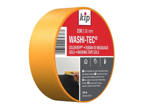 kip® 238 Premium WASHI-TEC® Masking Tape helps to produce sharp paint lines on smooth and lightly textured surfaces. Suitable for almost all types of covering work. This thin and flexible masking tape made is from WASHI-TEC® paper with acrylic adhesive. UV resistant with excellent adhesion and tensile strength.Can be applied up to 6 months before painting indoors and 2 months outside. For best results, remove tape immediately after painting.Width: 36mmLength: 50m