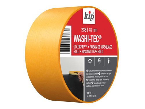 kip® 238 Premium WASHI-TEC® Masking Tape helps to produce sharp paint lines on smooth and lightly textured surfaces. Suitable for almost all types of covering work. This thin and flexible masking tape made is from WASHI-TEC® paper with acrylic adhesive. UV resistant with excellent adhesion and tensile strength.Can be applied up to 6 months before painting indoors and 2 months outside. For best results, remove tape immediately after painting.Width: 48mmLength: 50m