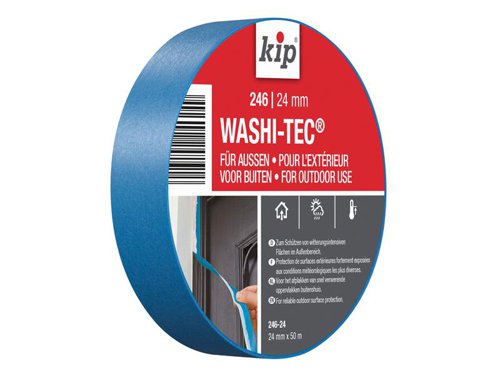 kip® 246 Premium Outdoor WASHI-TEC® Masking Tape provides reliable outdoor surface protection. Suitable for lacquer paint and varnish. Made from WASHI-TEC® paper with acrylic adhesive. UV resistant with good tear resistance, adhesion and high tensile strength.Can be applied up to 6 months outdoors or indoors before use. For best results, remove tape immediately after painting.Width: 24mmLength: 50m