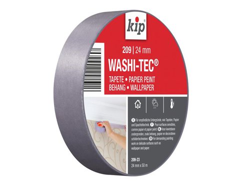 kip® 209 Premium Low Tack WASHI-TEC® Masking Tape has been designed for delicate surfaces. This flexible masking tape made from WASHI-TEC® paper with low tack acrylic adhesive. It allows extremely easy removal from delicate surfaces.Suitable for demanding paint work on delicate surfaces such as wallpaper, paper and plaster.Can be applied up to 2 months before use. For best results, remove tape immediately after painting.Width: 24mmLength: 50m