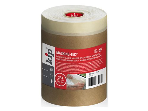 kip® 234 Paper Masker Tape is made from high quality premium crepe with environmentally friendly, unbleached super absorbent soda masking paper. Save time by masking and protecting surfaces in one. Can be used on door frames, skirting boards and windowsills.Ideal for use with emulsion and when spray painting. Resistant to temperatures up to 80 °C. Can be applied up to 7 days before use. For best results, remove immediately after painting.Width: 180mmLength: 25m