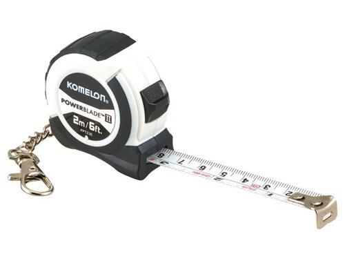 The Komelon PowerBlade™ II Pocket Key Ring Tape is small enough to fit in your pocket or purse, but big enough to handle your measuring needs. It has a durable ABS plastic case, a sturdy nylon coated steel blade with metric graduations and secure slide lock. Fitted with a quick-release clasp, for attaching to your keys or belt loop.Specification:Blade Length: 2mBlade Width: 13mmAccuracy: Class II