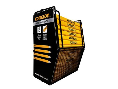 The Komelon HB Carpenter's Pencils are perfect for drawing saw lines, drill points etc, onto wood. Rounded edges help to prevent rolling. This display of 200 Komelon HB Carpenter's Pencils.