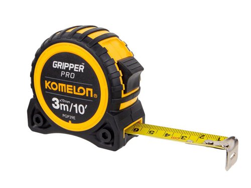 The Komelon Gripper™ Tape has a durable, nylon-coated blade with a true zero end-hook and a top blade lock. The blade features both metric and imperial markings. Contained within an ergonomically designed ABS case, with a rubber outer for increased durability and added protection. It also has a handy belt clip.Accuracy: Class II.1 x Komelon Gripper™ Tape 3m/10ft (Width 19mm).
