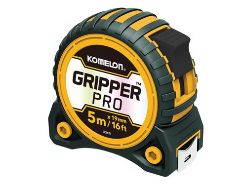 The Komelon Gripper™ Tape has a durable, nylon coated blade with a true zero end-hook and a top blade lock. The blade features both metric and imperial markings. Contained within an ergonomically designed ABS case, with a rubber outer for increased durability and added protection. It also has a handy belt clip.12 x tapes supplied in a countertop display.Accuracy: Class II