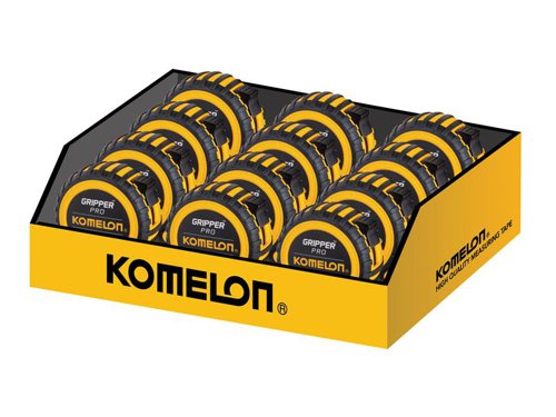 The Komelon Gripper™ Tape has a durable, nylon coated blade with a true zero end-hook and a top blade lock. The blade features both metric and imperial markings. Contained within an ergonomically designed ABS case, with a rubber outer for increased durability and added protection. It also has a handy belt clip.12 x tapes supplied in a countertop display.Accuracy: Class II
