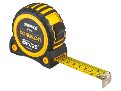 The Komelon Gripper™ Tape has a durable, nylon-coated blade with a true zero end-hook and a top blade lock. The blade features both metric and imperial markings. Contained within an ergonomically designed ABS case, with a rubber outer for increased durability and added protection. It also has a handy belt clip.Accuracy: Class II.1 x Komelon Gripper™ Tape 8m/26ft (Width 25mm).