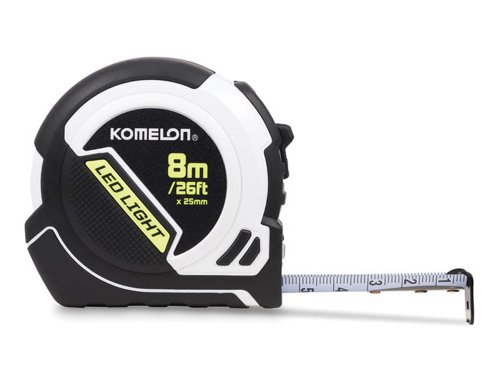 The Komelon LED LIGHT Tape Measure has an ultra-compact ABS case with a moulded rubber grip for increased comfort and more control in damp, wet or slippery conditions. It has an integral bright LED light, powered by a built-in, rechargeable, 2-hour Li-ion battery, which illuminates the non-reflective, white nylon-coated blade for accurate measurements in low light conditions.The reverse printed blade, with metric and imperial markings, enables measurements to be taken above and below the blade. The edges of the blade are rounded for added comfort in use and to prolong the life of the tape measure. It also has a 3-rivet True Zero end hook for added strength and accurate internal and external measurements.Supplied with USB A to USB Micro charging cable to give a 40 minute to full charge from any USB socket.Accuracy: Class II