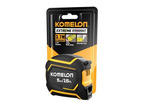 The Komelon Extreme Stand-out Pocket Tape has a wide, dual printed blade with both metric and imperial graduations. Nylon coated for maximum durability. The blade offers 3.7m of stand-out and is fitted with a heat-treated end-hook. All contained within an impact-resistant PC-ABS case.This Komelon Extreme Stand-out Pocket Tape has metric and imperial measurements.Specification:Blade Length: 5m/16ftBlade Width: 32mmAccuracy: Class II