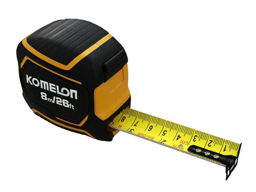 The Komelon Extreme Stand-out Pocket Tape has a wide, dual printed blade with both metric and imperial graduations. Nylon coated for maximum durability. The blade offers 3.7m of stand-out and is fitted with a heat-treated end-hook. All contained within an impact-resistant PC-ABS case.This Komelon Extreme Stand-out Pocket Tape has metric and imperial measurements.Specification:Blade Length: 8m/26ftBlade Width: 32mmAccuracy: Class II