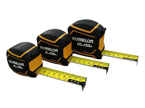 The Komelon Extreme Stand-out Pocket Tape has a wide, dual printed blade with both metric and imperial graduations. Nylon coated for maximum durability. The blade offers 3.7m of stand-out and is fitted with a heat-treated end-hook. All contained within an impact-resistant PC-ABS case.This Komelon Extreme Stand-out Pocket Tape has metric and imperial measurements.Specification:Blade Length: 8m/26ftBlade Width: 32mmAccuracy: Class II