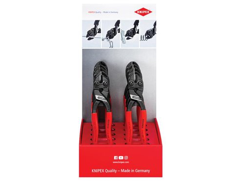 Knipex 00 18 01 V16 Counter display containing 10 x KPX7101200 CoBolt?½ Compact Bolt CuttersThe bolt cutters are manufactured from chrome vanadium heavy-duty steel,forged & multi stage oil hardened, the precision cutting edges are suitable for soft and hard wire as well as piano wire. Will cut components such as bolts, nails, rivets etc up to 5.2mm diameter, exceptional cutting performance with minimum effort is achieved by the lever action design. The cutting edges are additionaly induction hardened to approx 64HRC.Overall Length: 200mmCutting Capacity: Soft Wire: 6.0mm, Medium Wire: 4.0mm, Hard & Piano Wire: 3.6mm