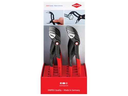 The Knipex 00 18 01 V25 Counter Display is supplied with 10 x Knipex Cobra?½ Quickset Waterpump Pliers. The display is made from high quality cardboard with a high gloss print, that offers minimum space.The Knipex 87 Series Cobra?½ Quickset Hightech Waterpump Pliers are made from high-grade vanadium special tool steel, that has been forged and then oil-hardened, for a longer, robust working life. They combine the proven, reliable locking of the hinge bolt with an additional push function which makes it easier to work in very confined and inaccessible areas.The adjustment directly on the workpiece is possible by simply sliding the pliers handle. They offer reliable locking of the hinge bolt with the first workload. The gripping width of the pliers is then fixed and can only be adjusted by pressing the button. To re-activate the sliding function, the hinge bolt must be released by pressing the push button and the pliers must be completely opened again.