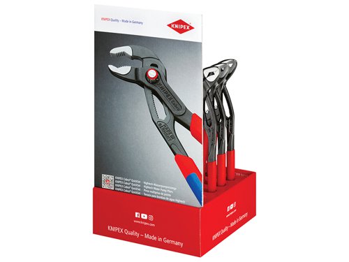 The Knipex 00 18 01 V25 Counter Display is supplied with 10 x Knipex Cobra?½ Quickset Waterpump Pliers. The display is made from high quality cardboard with a high gloss print, that offers minimum space.The Knipex 87 Series Cobra?½ Quickset Hightech Waterpump Pliers are made from high-grade vanadium special tool steel, that has been forged and then oil-hardened, for a longer, robust working life. They combine the proven, reliable locking of the hinge bolt with an additional push function which makes it easier to work in very confined and inaccessible areas.The adjustment directly on the workpiece is possible by simply sliding the pliers handle. They offer reliable locking of the hinge bolt with the first workload. The gripping width of the pliers is then fixed and can only be adjusted by pressing the button. To re-activate the sliding function, the hinge bolt must be released by pressing the push button and the pliers must be completely opened again.