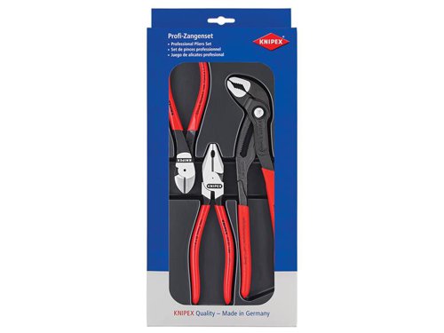 The Knipex 00 20 10 Pliers Set contains KPX0201180 Combination plier: Ideal for soft, hard and even piano wire cutting with the strong durable edges, will make an easy and clean cut, with long lasting results even under the toughest conditions.KPX7401160 Diagonal cutting plier: Ideal for soft or hard wire ranging from 2.0mm up to 3.00mm across the range sizes, even piano wire cutting is a breeze to cut with the strong durable edges, makes an easy and clean cut, with long lasting results.KPX8701250 Cobra water pump pliers: Have automatic adjustment as these can be opened and adjusted directly at the work piece with one hand and then the cobra pliers close with a push of a button, this gives a good strong grip on any job application.Tool steel is oil hardened and tempered, with separately induction-hardened cutting edges. High leverage tools for heavy-duty use. Polished heads with plastic coated handles for added grip and comfort.