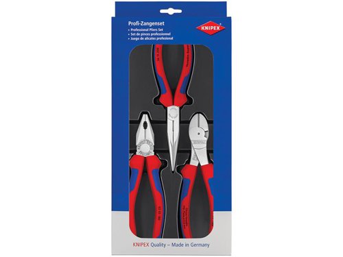 The Knipex Assembly Pack Plier Set features the most popular sizes with 2 component, soft-grip handles. Contains:1 x 03 02 180 Combination Pliers with 2 component, soft-grip handles and longer cutting edges for thicker cables. Gripping zones for flat and round materials. Additionally hardened cutting surfaces.Cutting Capacity: Hard: 2.2mm, Medium Hard: 3.4mm, Multi-Strand: 12.0mm.1 x 26 12 200 Snipe Nose Side Cutting Pliers with long flat round jaws. Highly loadable, elastic precision points with blades. Cutting edges separately induction hardened. Made from special tool steel, oil-hardened. 61HRC. Fitted with multi-component grips.Cutting Capacity: Hard: 2.2mm, Medium: 3.2mm.1 x 70 02 160 Diagonal Cutting Pliers with 2 component, soft-grip handles. They are the essential cutting tool for versatile use with highly precise machined cutting edges for a long service life and clean cutting of hard wire. Edge hardness approximately 62 HRc.Cutting Capacity: Hard: 2.5mm, Medium: 3.0mm, Soft: 4.0mm.