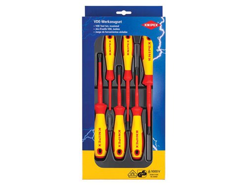 Knipex VDE Screwdrivers are manufactured from chrome vanadium molybdenum steel. Ergonomically optimised dual component handle for reduced fatigue and optimum transmission of force. The handle design also prevents rolling.VDE tested up to 10,000V and safe for work up to 1,000V. They conform to DIN EN/IEC 60900.This 6 piece set contains:2 x Phillips Screwdrivers: PH1 x 187mm, PH2 x 212mm2 x Pozidriv Screwdrivers: PZ1 x 187mm, PZ2 x 212mm2 x Slotted Screwdrivers: 2.5 x 177mm, 4.0 x 202mm