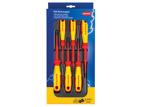 Knipex VDE Screwdrivers are manufactured from chrome vanadium molybdenum steel. Ergonomically optimised dual component handle for reduced fatigue and optimum transmission of force. The handle design also prevents rolling.VDE tested up to 10,000V and safe for work up to 1,000V. They conform to DIN EN/IEC 60900.This 6 piece set contains:2 x Phillips Screwdrivers: PH1 x 187mm, PH2 x 212mm2 x Pozidriv Screwdrivers: PZ1 x 187mm, PZ2 x 212mm2 x Slotted Screwdrivers: 2.5 x 177mm, 4.0 x 202mm