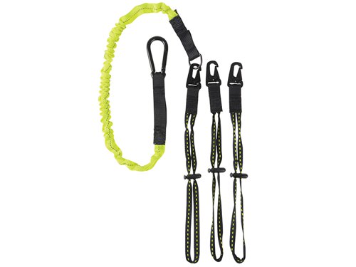 This Kuny's premium quality triple lanyard with three interchangeable tool ends that have 25cm (10in) webbing loops with dual channel locks and HK clips for quick tool changes.The lanyard has a heavy-duty carabiner end and is rated for tools up to 2.7kg. It is made from 2cm (0.78in) webbing with an internal shock cord and extends from 100-140cm (41-56in).