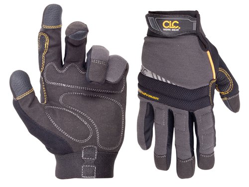 The CLC Handyman Flex Grip® Gloves have a Syntrex™ synthetic palm material for increased abrasion and tear resistance with the padded palm, fingers and knuckles providing protection against bumps. The textured fingertip pads provide added abrasion resistance and the stretch-Fit™ thumb and spandex back offer a better fit and greater flexibility. Also with a wide elastic cuff with medical grade hook & loop closure and textured pull-on tab.The KUN125L Handyman Flex Grip® gloves are size large.