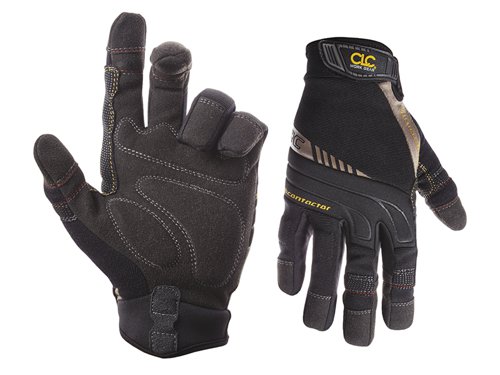 The Kuny's Subcontractor™ Flex Grip® Gloves have a Ring-Cut™ feature which easily coverts them into fingerless gloves for improved dexterity.The gloves have Syntrex™ synthetic palms for increased abrasion and tear resistance. The padded palm, fingers and knuckles provide protection against bumps. The cuffs are also padded, with medical grade hook & loop fastening for secure fitting.The gloves have Stretch-Fit thumbs for better grip and flexibility. The thumbs have Terry-wipes that can be used to gently remove sweat or debris from the face.The KUN130L Subcontractor™ Flex Grip® Gloves are size large.