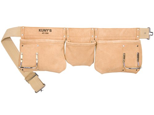 Kuny's Carpenter's Apron made from heavy-duty suede leather with a 50mm/2in wide heavy-duty nylon web belt with metal twist-lock buckle, metal hammer loops and reinforced at all stress points.With 3 reversed nail pockets for easy access, (2 large and 1 small) and a centre pocket for tape or tools and 2 small pockets for easy access tools.Fit waist sizes: 29in to 40in.