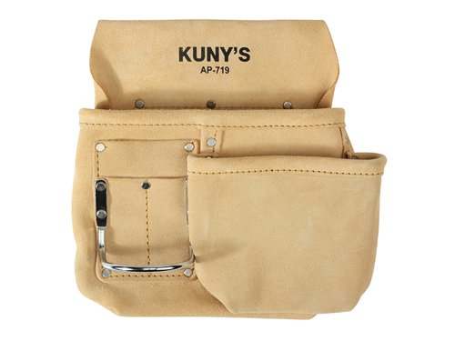 The Kuny's Journeyman Carpenter's Half Apron made from split grain leather. Large and small reversed nail pockets for easy access. Heavy steel hammer holder. Three smaller pockets for utility knife, pencils or markers. Rivet reinforced at all stress points.Fits belt sizes up to 76.2mm (3in) wide.