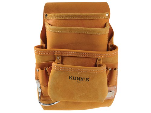 The Kuny's I933 Carpenter's Nail & Tool Bag is made from heavy-duty leather.The bag has 10 pockets, including:2 x main nail and tool pockets.2 x additional upper pockets.6 x smaller pockets to fit pliers, nail sets, pencils etc.The bag also has a metal clip that holds all measuring tape sizes and a hammer loop. It will fit belt sizes up to 70mm (2.3/4in) wide.
